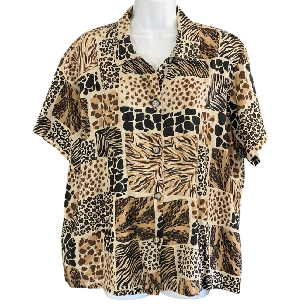 Marc Ware Linen Safari Shirt XL Cheetah Print Button Up Boxy Relaxed Resort